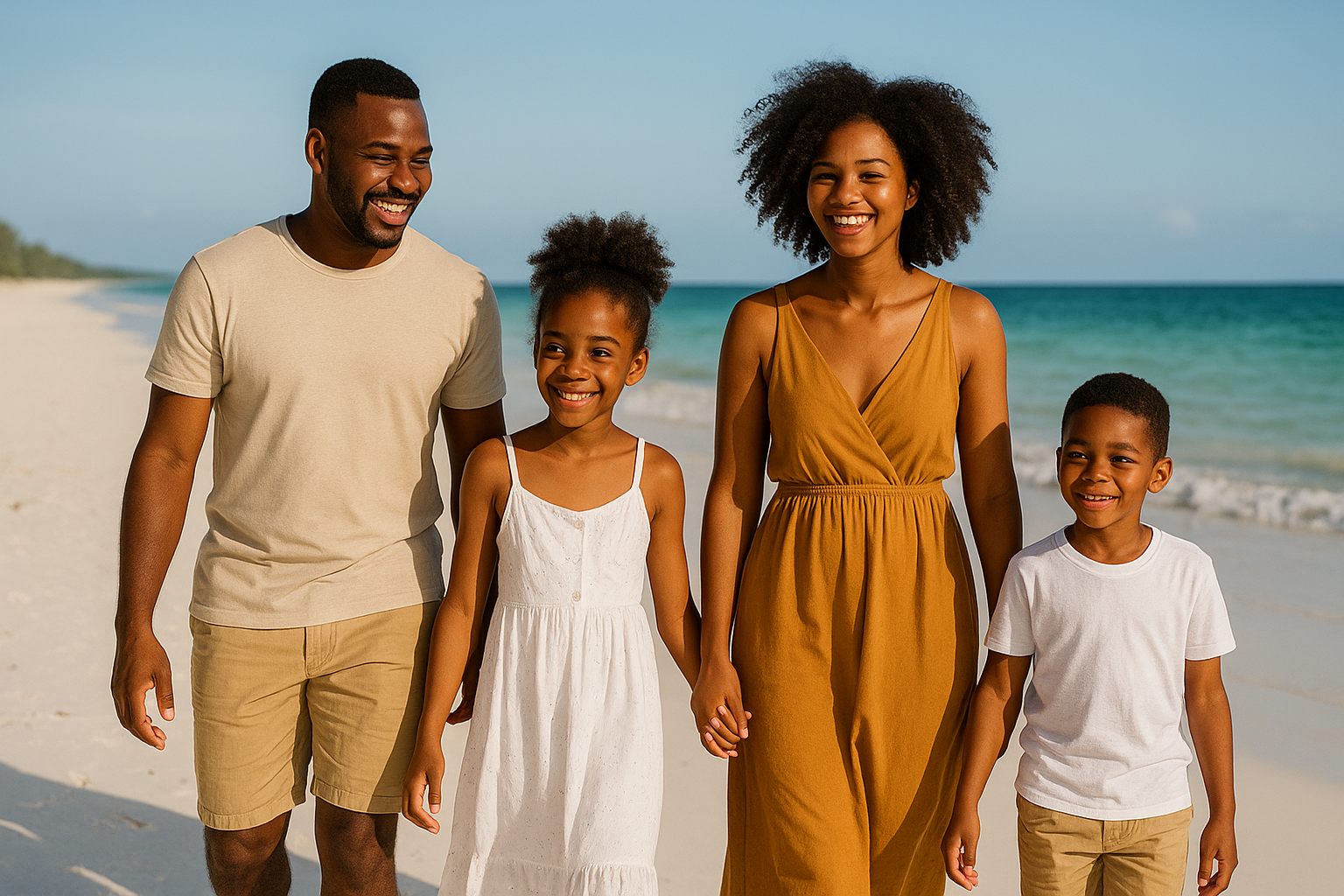 A family walking on Diani Beach with the ocean in the background
